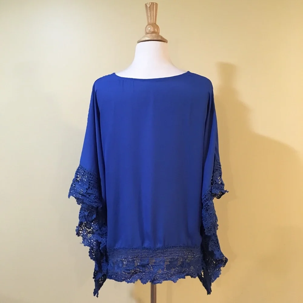 Violet Blue Crochet Lace Trim Batwing Blouse - Picture 7 of 7